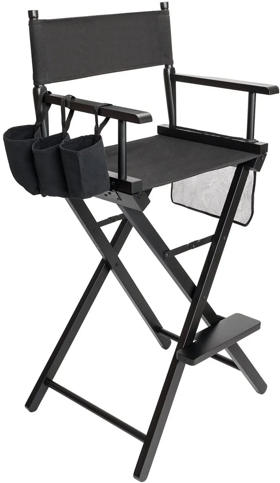 Leak-Proof Omysalon Upgraded 31 Height Tall Director Chair Folding Artist Makeup with Replacement Cover Canvas, Storage Side Bags, Portable Footrest, Support 250 lbs,Solid Hardwood & Polyester Black