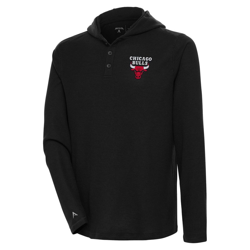 Best-Selling Men's Antigua Black Chicago Bulls Strong Hold Long Sleeve Henley Hoodie T-Shirt