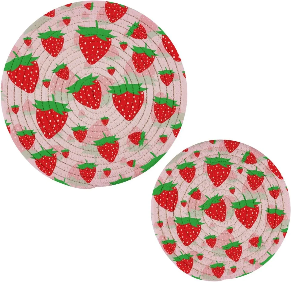 Core Best-Selling Bestwell Strawberry Fruit Cotton Pot Holder Set of 2, Pure Cotton Heat Resistant Wear-Resistant and Non-Slip Stylish Round Pot Holder for Daily Kitchen,Dining Table,Office,Cafe, Restaurant,BBQ