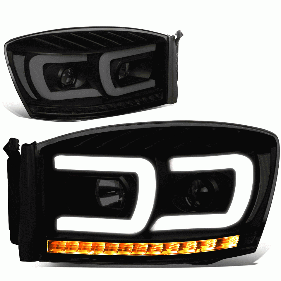 Cast Iron Matte Dual LED DRL+Sequential Signal 06-09 Ram Truck Projector Headlight Lamps