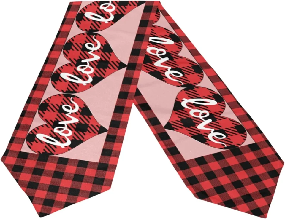Glass Bestwell Double Sided Valentine's Day Long Polyester Table Runner 13 x 70 Inches Plaid Hearts Love Table Cloth Cover Placemats for Kitchen Dinning Living Holiday Wedding Party Decor