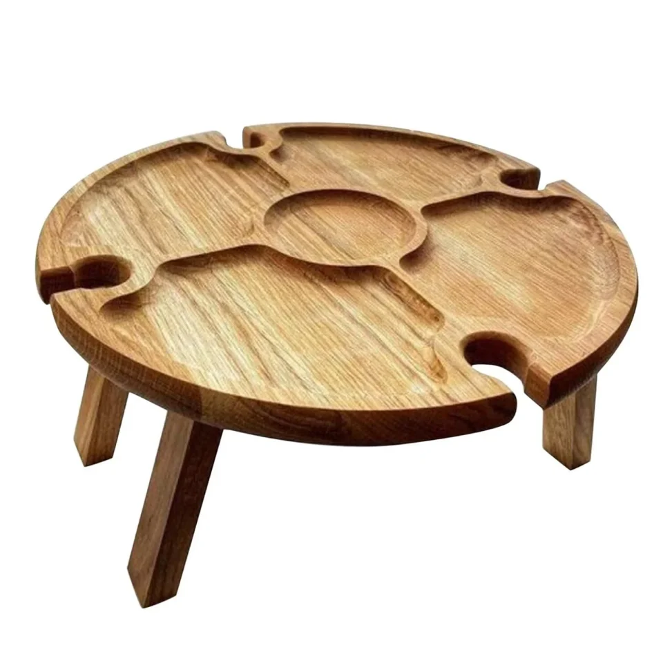 Portable hirigin Wooden Collapsible Table with Grooves Round Shape Folding Table