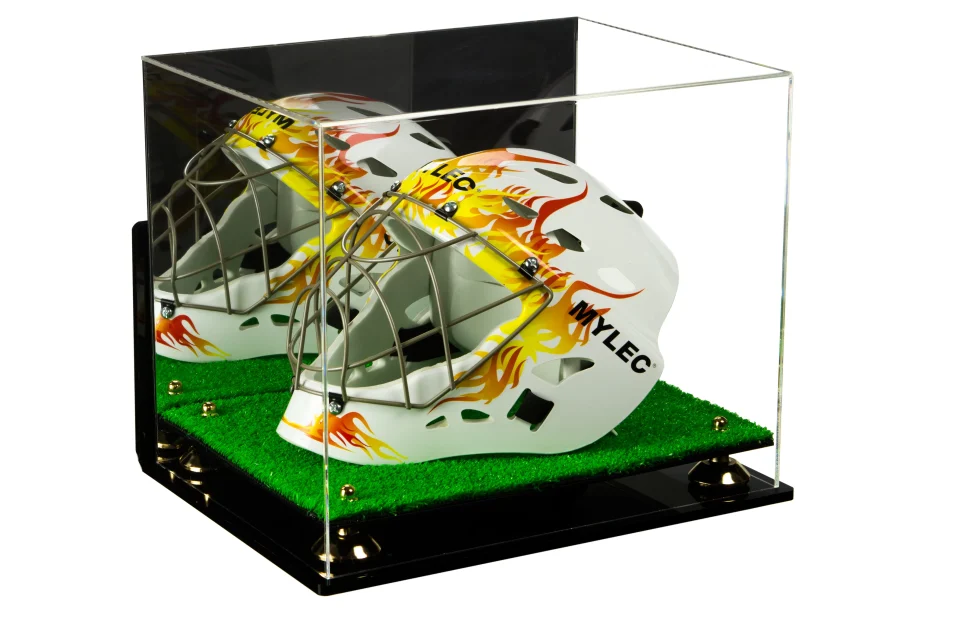 Glossy Deluxe Acrylic Lacrosse Helmet Display Case with Mirror, Wall Mount, Gold Risers and Turf Base (A002-GR)