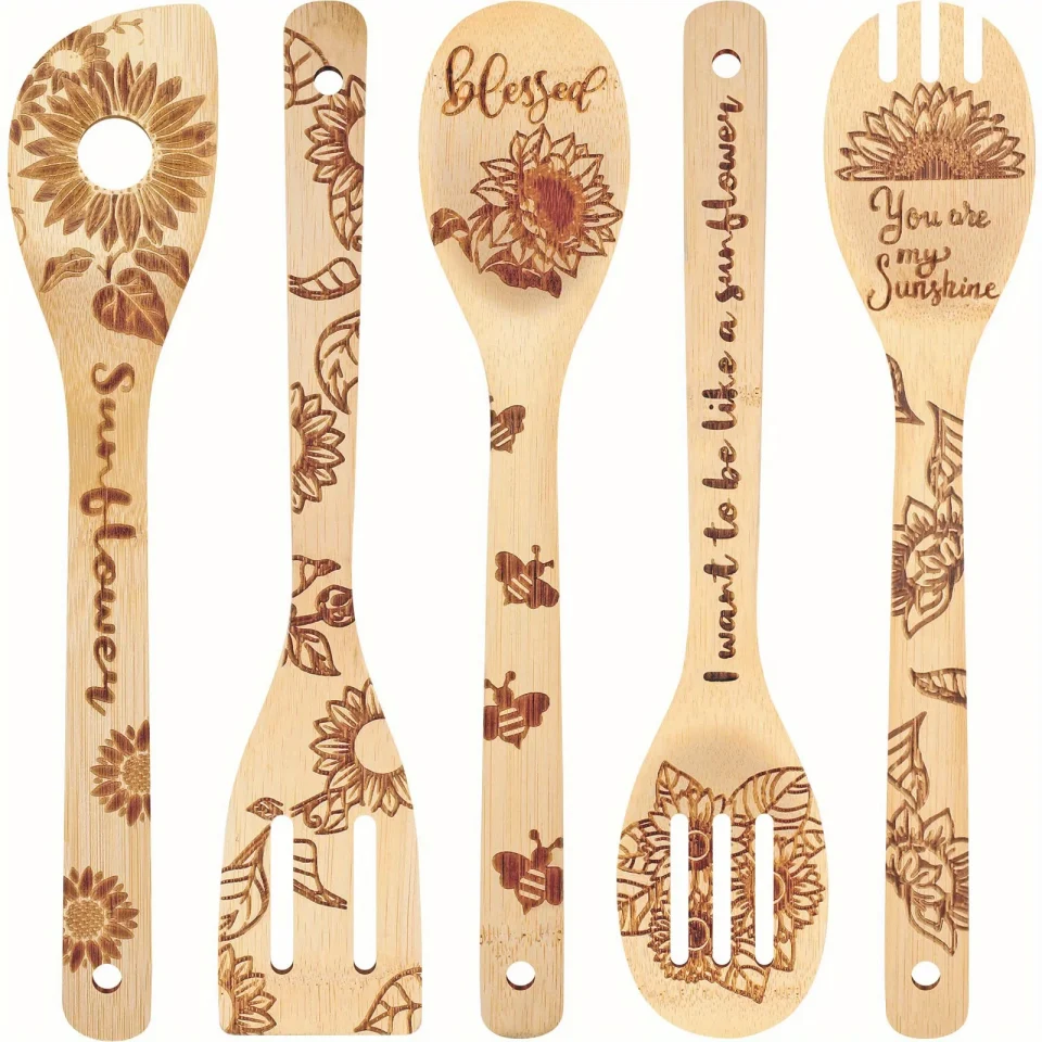 Popular Gift-Ready 5pcs Sunflower Bamboo Kitchen Utensils Set, Halloween Decorative Wooden Cooking Tools Set, For Cooking, Gifting, Decorating, Non-stick Kitchen Spoons And Spatulas, Kitchen Supplies