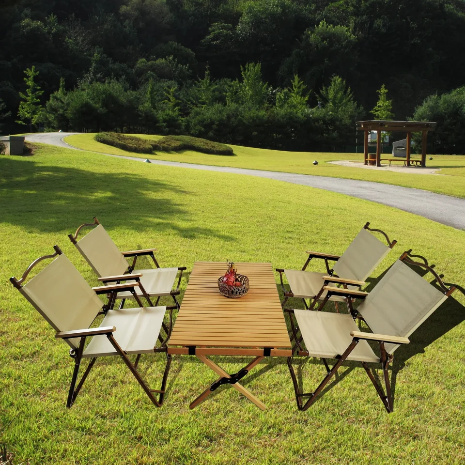 Cast Iron Versatile Portable Table Set with Roll-Up Table Top - 1 set - Natural - 52.0 - Transform any space with this versatile table set - perfect for indoor or outdoor use!