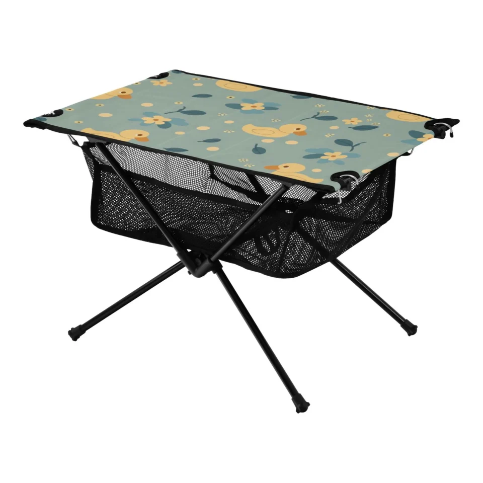 Glass Silicone Cute Duck and Floral Camping Folding Table Portable Beach Table with Storage Bag Compact Picnic Table for Outdoor Travel Fishing BBQ