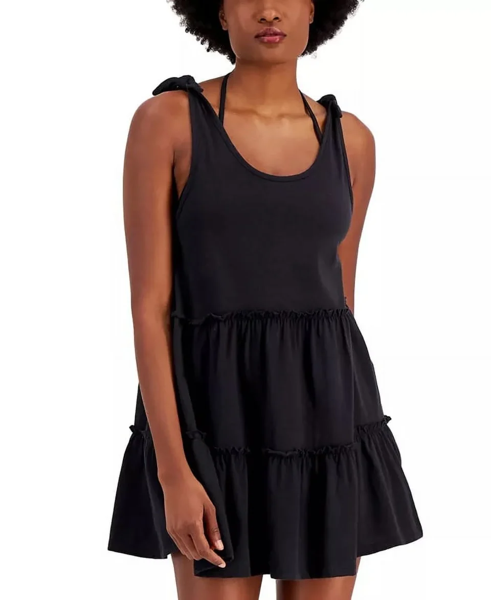 Outdoor Miken BLACK Juniors' Cotton Tie-Shoulder Tiered Swim Cover-up Dress, US X-Small