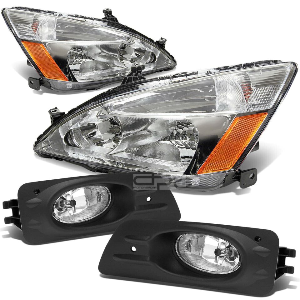 Glass Silicone CLEAR HOUSING AMBER CORNER HEAD LAMPS+CHROME FOG LIGHTS 06-07 ACCORD 4DR