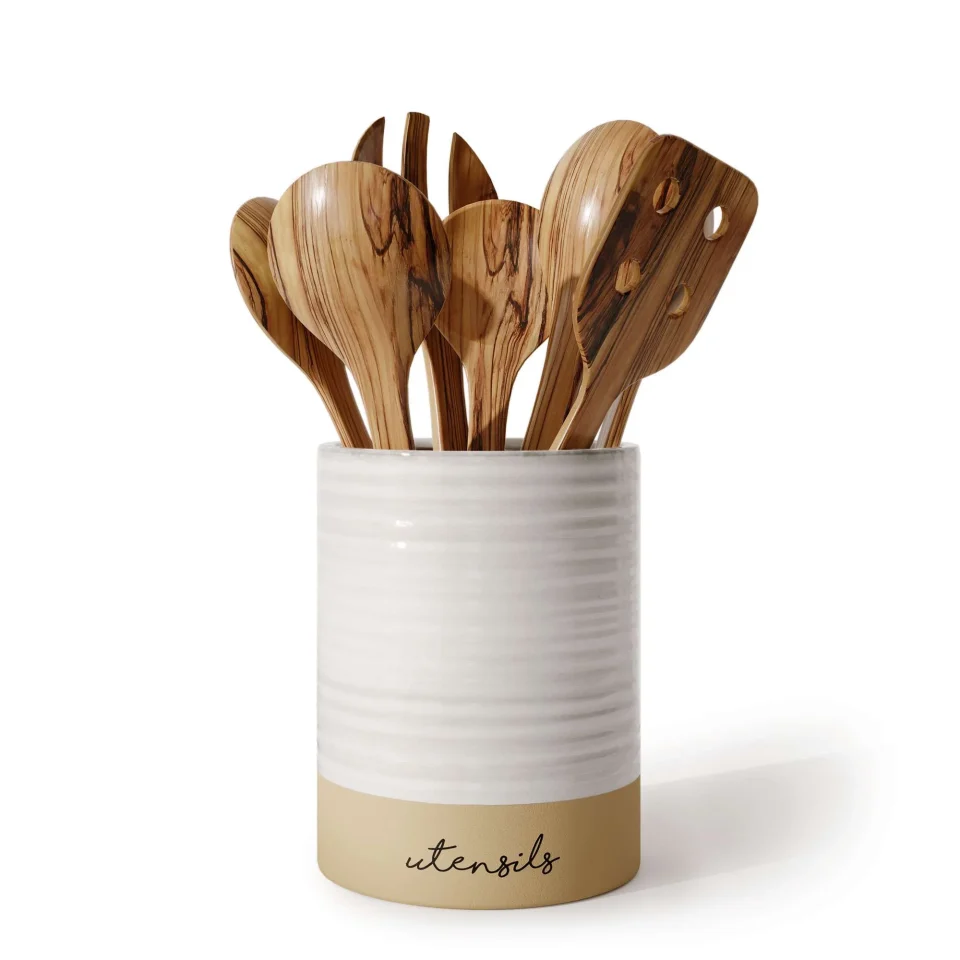 Ceramic Barnyard Designs Ceramic Farmhouse Kitchen Utensil Holder for Countertop, Decorative Kitchen Utensil Holder, Large Kitchen Utensil Holder for Kitchen Counter, Utensil Crock Spatula Holder, 6.5 White