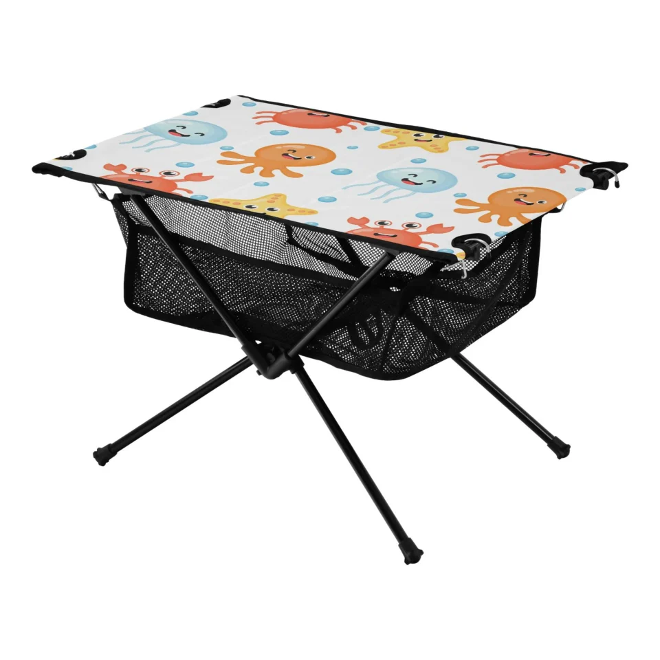 Ceramic Cute Cartoon Sea Stars Ocean Camping Folding Table Portable Beach Table with Storage Bag Compact Picnic Table for Outdoor Travel Fishing BBQ