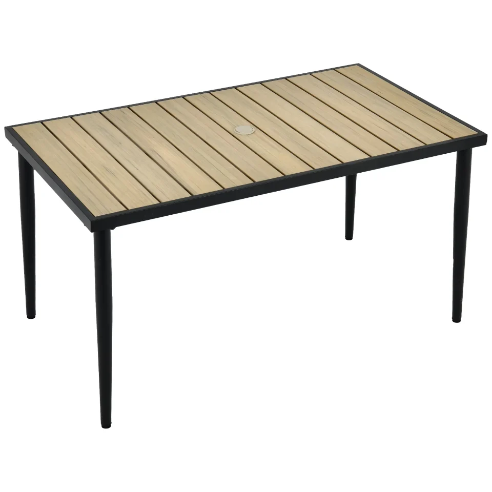 Supreme DWVO 70in Outdoor Rectangular Dining Table, Patio Table with Umbrella Hole - Black & Nature Wood