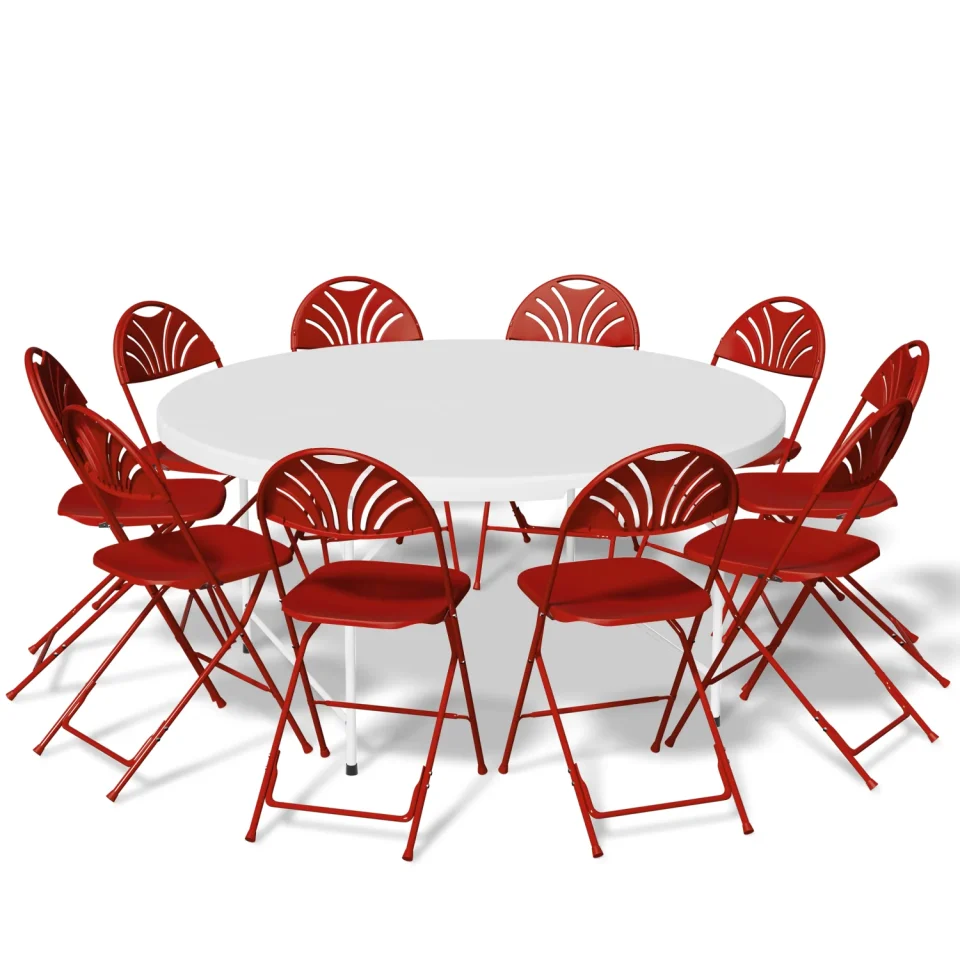 Supreme Cast Iron Magshion 11-Piece Folding Dining Table with 10 Red Chairs Set, 4.5 Ft White Foldable Table Picnic Desk with Carry Handle For Indoor Outdoor