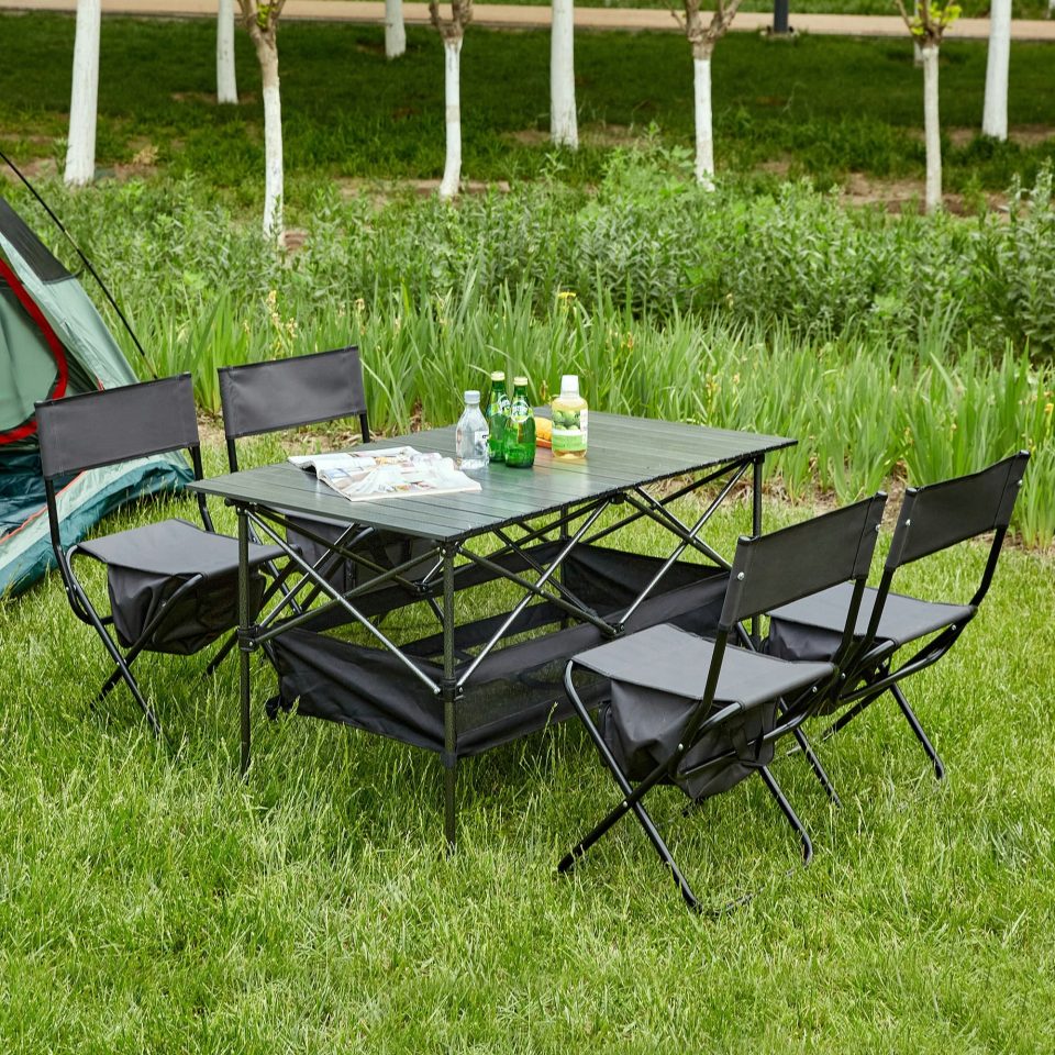 Supreme Set of 5, Folding Outdoor Table and Chair Set for Indoor, Outdoor Camping, Picnics, Beach,Backyard, BBQ, Party, Patio, Black/Gray