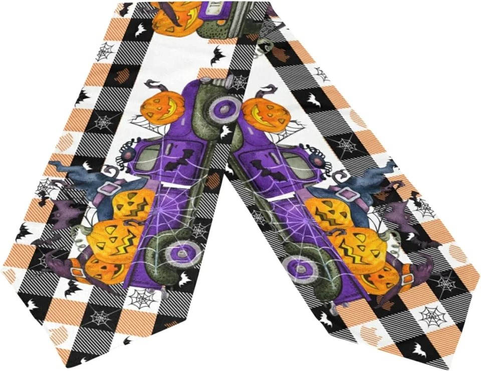 Travel GZHJMY Double Sided Halloween Pumpkin Long Polyester Table Runner 13 x 90 Inches Halloween Truck Plaid Table Cloth Cover Placemats for Kitchen Dinning Living Holiday Wedding Party Decor