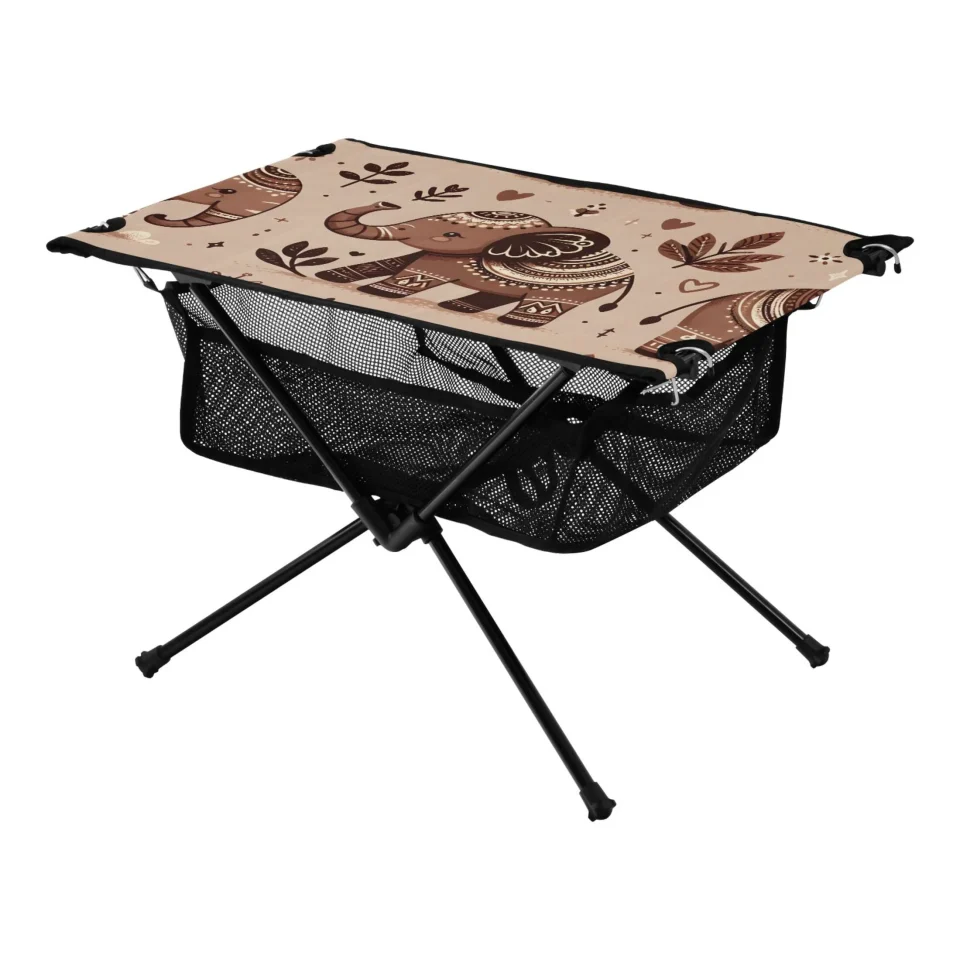 Polished Dining Brown Boho Elephants Camping Folding Table Portable Beach Table with Storage Bag Compact Picnic Table for Outdoor Travel Fishing BBQ