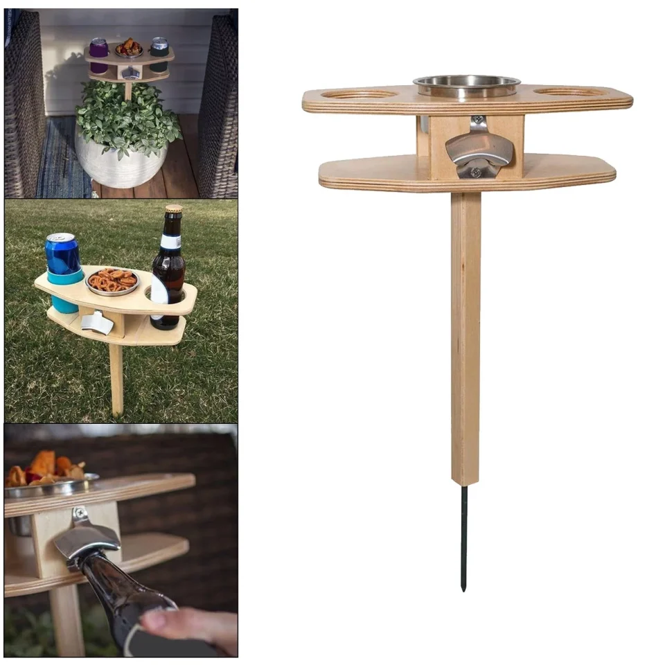 Cooking 2 Bottle Rack Wooden Portable Beach Folding Table Bottle Holder Opener for Garden Travel Camping
