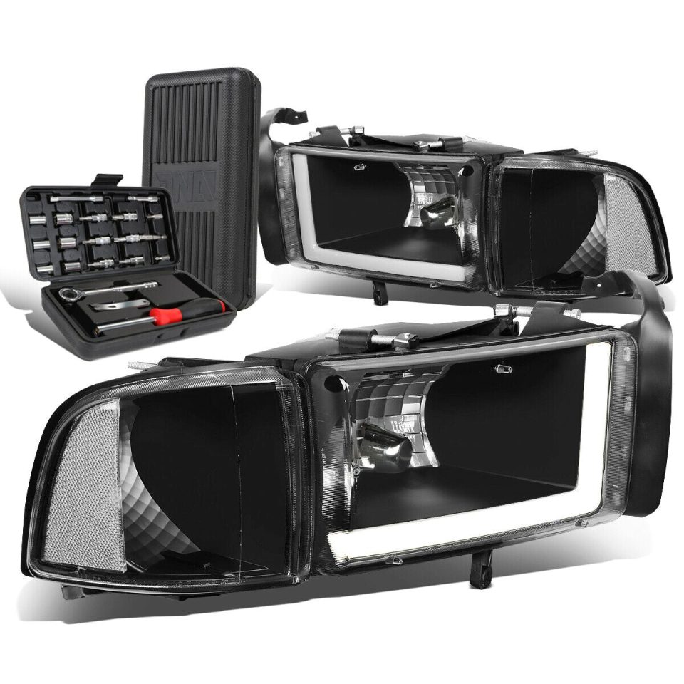 Best-Selling Gift-Ready 1994-2002 Dodge Ram LED DRL Bar Black/Clear Signal Headlight Lamps+Tool Box
