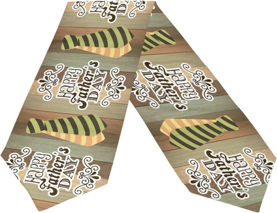 Premium Dreamtimes Double Sided Happy Father's Day Long Polyester Table Runner 13 x 70 Inches, Retro Wooden Tie Table Cloth Cover Placemats for Kitchen Dinning Living Holiday Wedding Party Decor