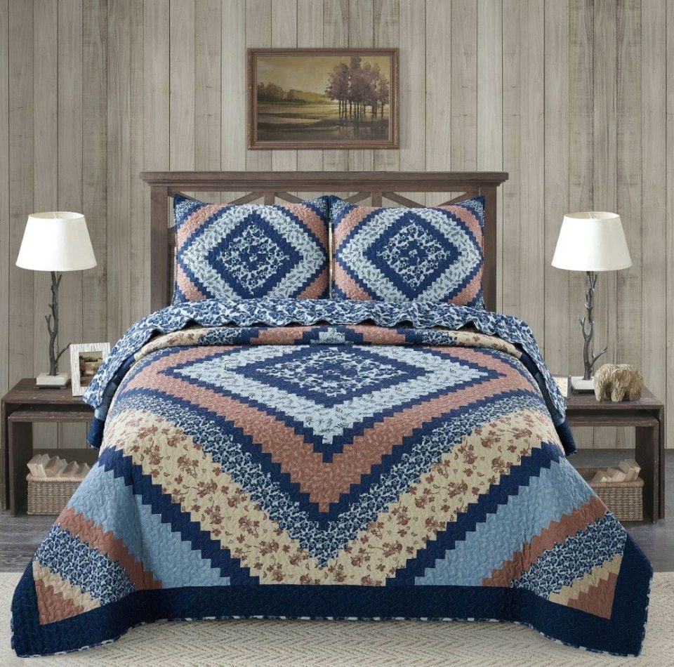 Silicone Virah Bella - Around the Block Blue - Lightweight Reversible 2-Piece Lodge Quilt Set with Decorative Pillow Sham.
