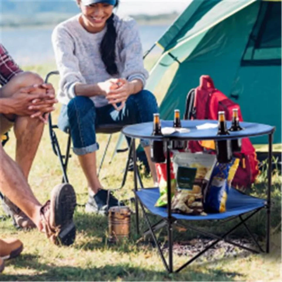 Kitchen Upgraded Round 2-Tier Folding Camp Table with 4 Cupholders & Carrying Bag, Blue