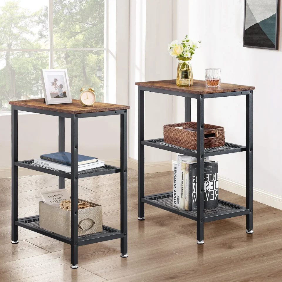 Healthy Javlergo Set of 2 End Side Table Nightstand with 2-Tier Metal Mesh Storage Shelf Brown