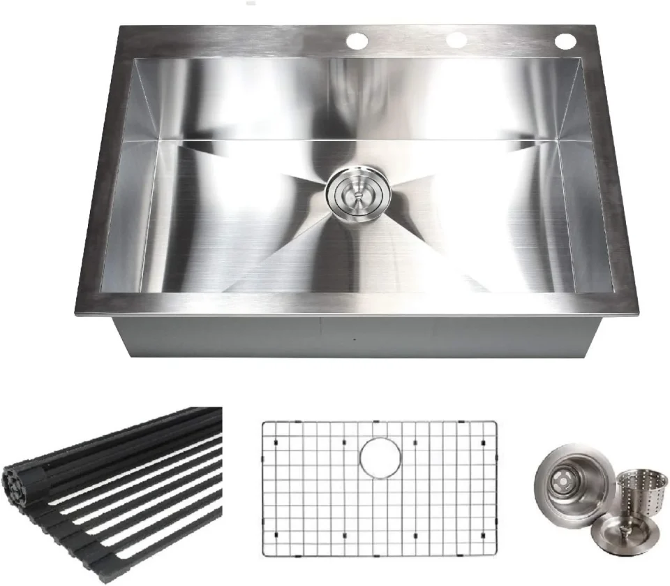 Core Cooking 33 INCH Zero Design 16 Gauge Topmount Drop In Over The Counter Large Single Bowl Stainless Steel Kitchen Sink Premium Package (33 INCH) KKR-FT3322