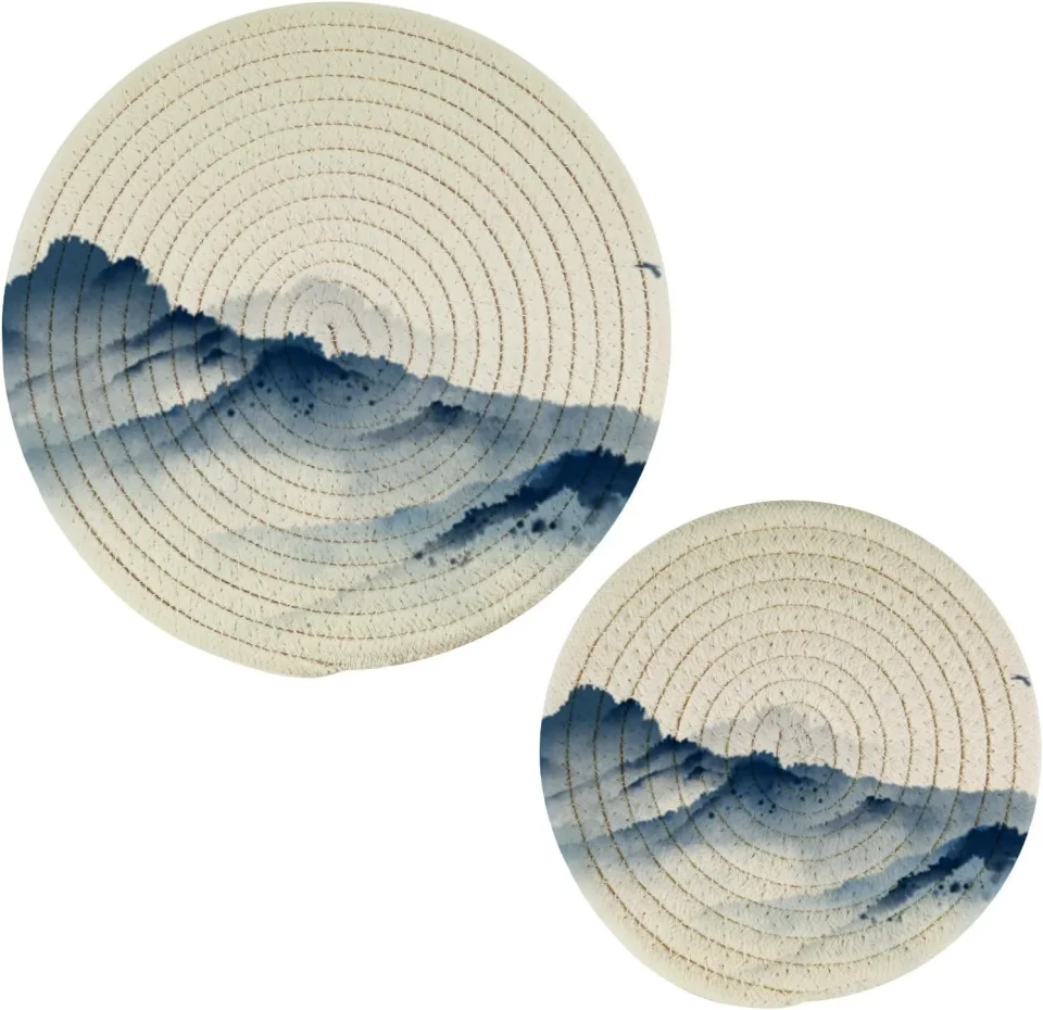 Multi-Purpose Bestwell Blue Ink Landscape Painting Pot Holder Set of 2, Pure Cotton Heat Resistant Wear-Resistant and Non-Slip Stylish Round Pot Holder for Daily Kitchen,Dining Table,,Cafe, Restaurant,BBQ
