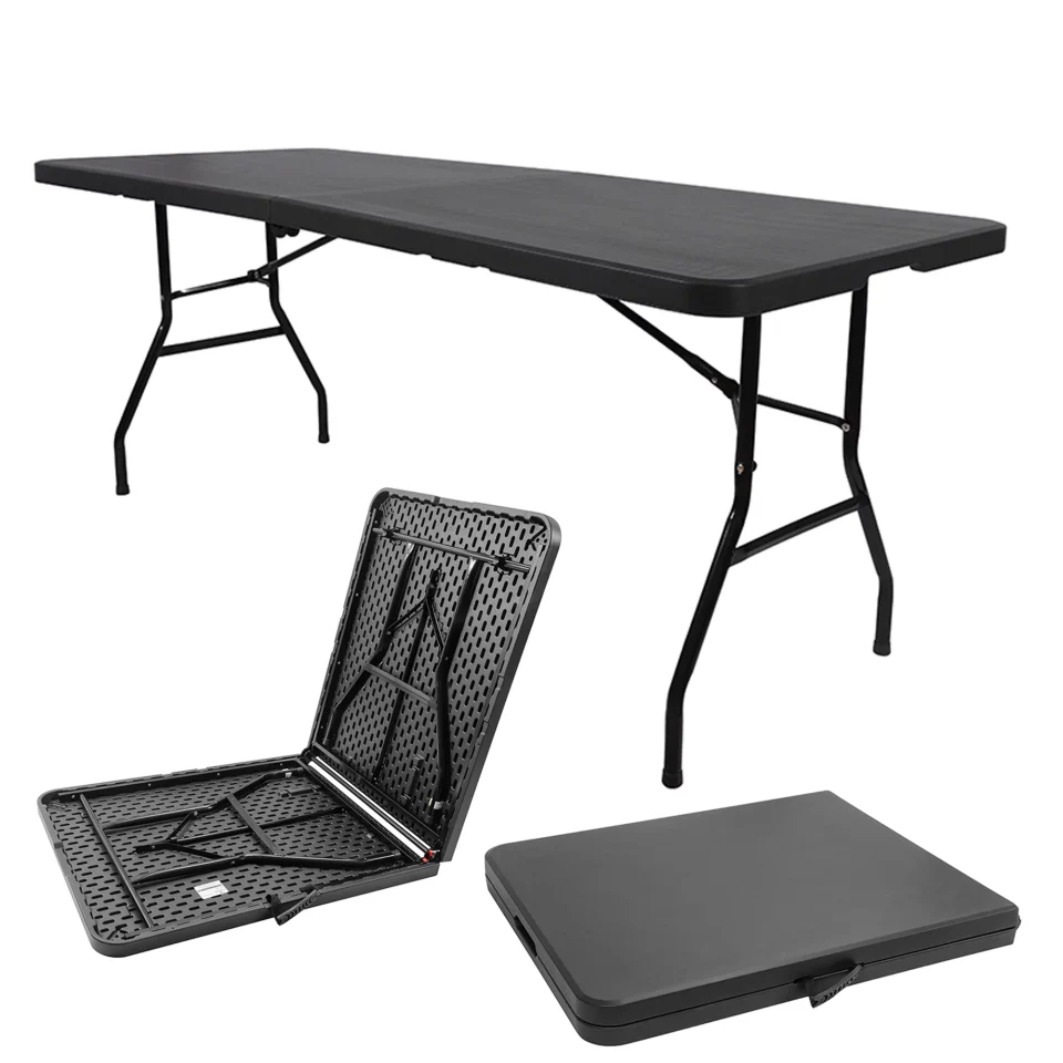 Bamboo Storage Folding Table 6ft Portable Heavy Duty Plastic Fold-in-Half Utility Foldable Table Plastic Dining Table (BLACK)