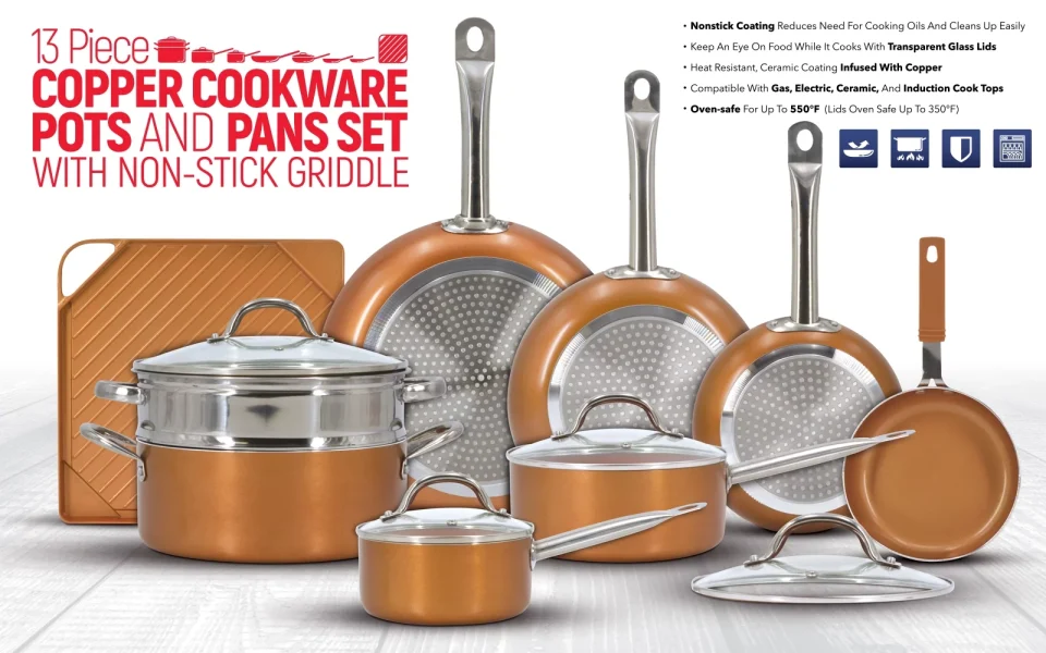 Food-Grade Value Luxury Copper Cookware Pots and Pans Set with Non-Stick Griddle (13-Piece)